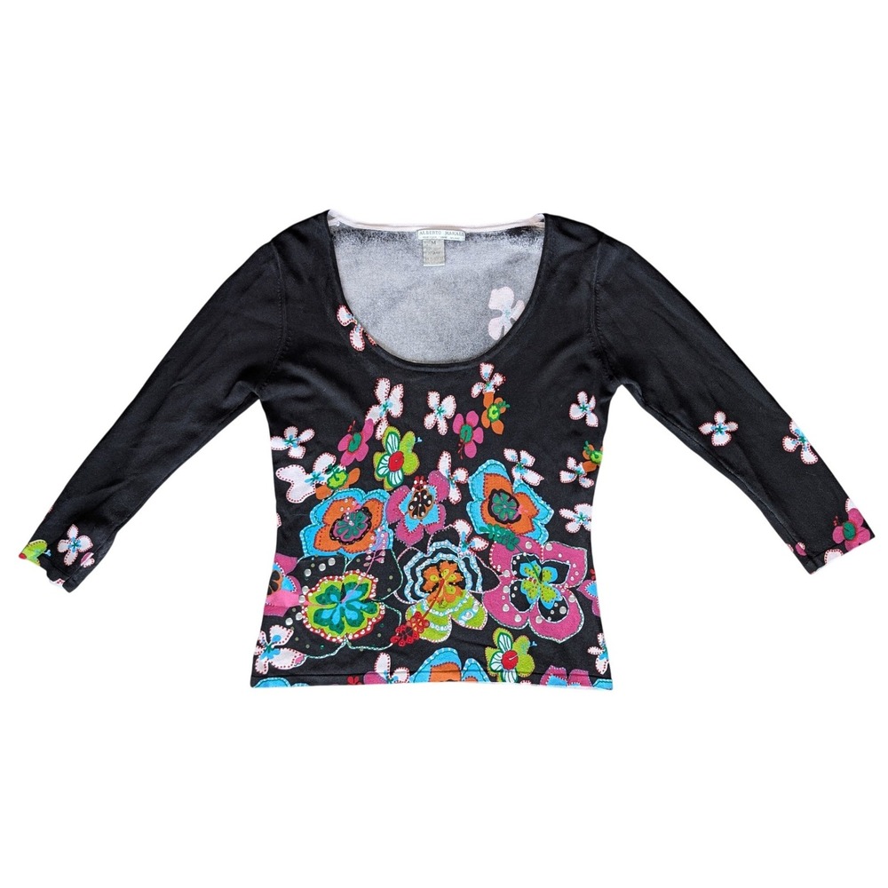 Y2K Vintage Alberto Makali Medium Sweater Black Colourful Bright Floral